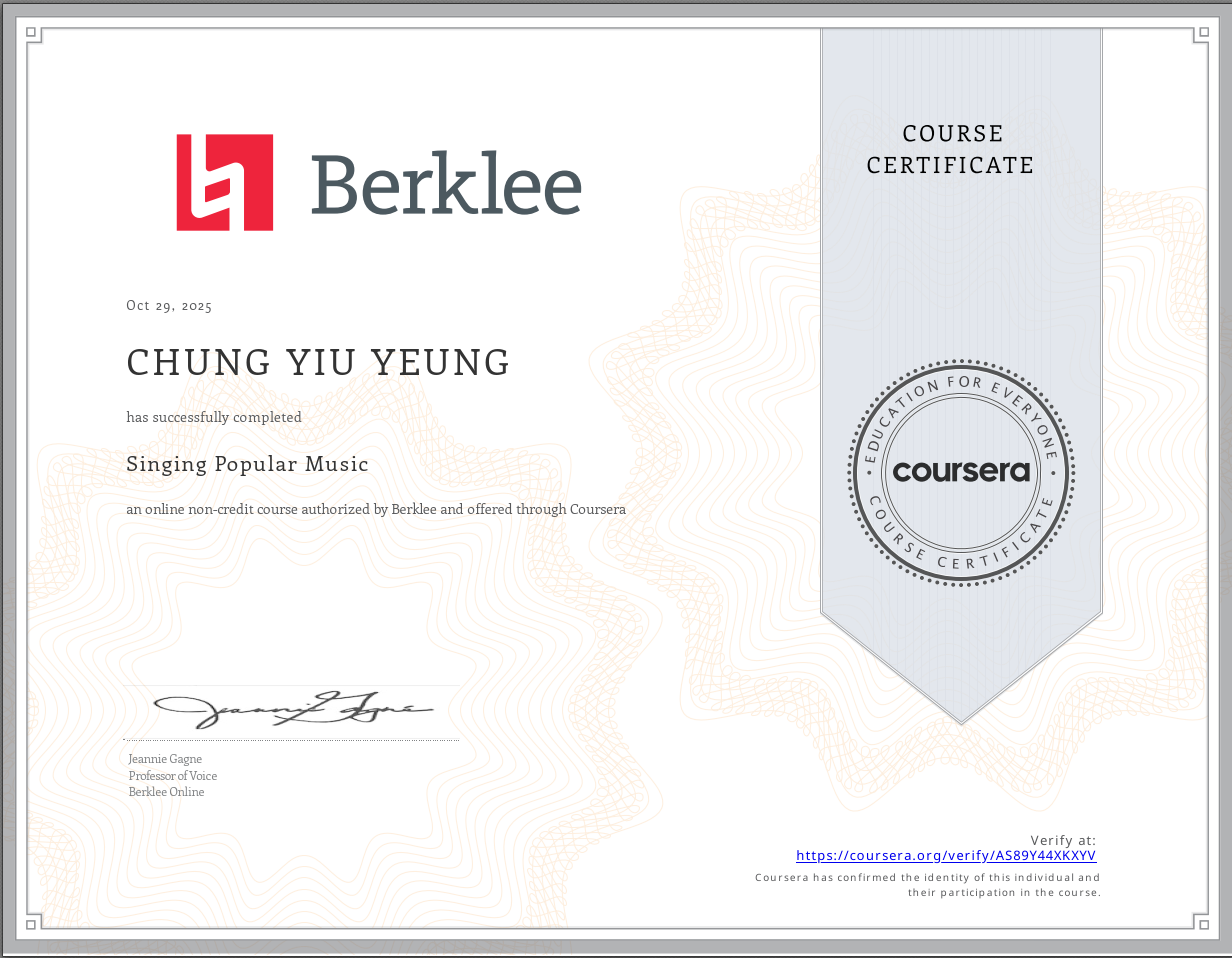 Berklee Singing Popular Music Certificate